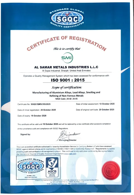 ISO 9001:2015 Certificate - Al Samar Metals Industries